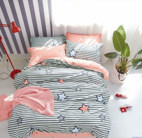 Komplet pościeli dwustronnej 160x200 cm gwiazdki i paski popiel i różowa