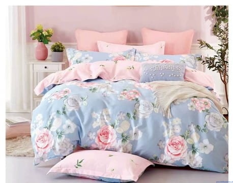 Komplet pościeli dwustronnej 200x220 cm niebieska z kwiatami i róż