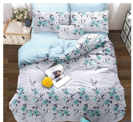 Komplet pościeli dwustronnej 200x220cm w kwiatki popiel i zieleń