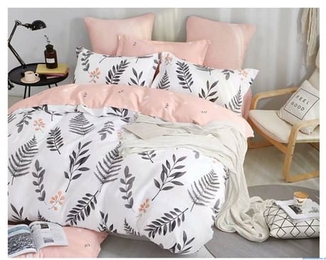 Pościel dwustronna bawełna satynowa rozmiar 160x200cm morelowa i liście popielate (