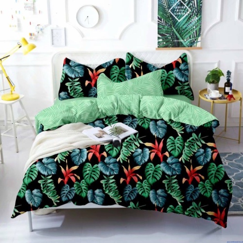 Komplet pościeli dwustronnej 160x200cm w liście kwiaty zielona