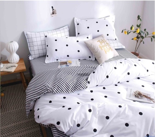 Komplet pościeli białej 160X200cm czarne kropki i paski poscieldlarodziny.pl