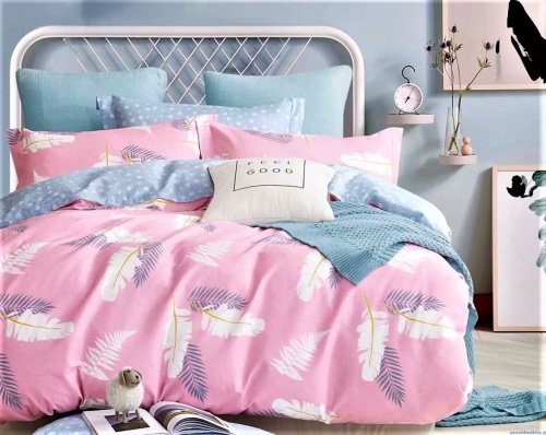 Pościel dwustronna różowa w pióra 160x200cm popielata kwiatuszki