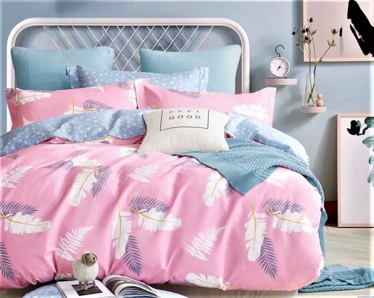 Pościel dwustronna różowa w pióra 160x200cm popielata kwiatuszki