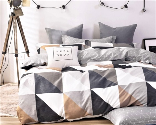 Pościel dwustronna trójkąty beż biel 200x220cm popiel wzorzysta