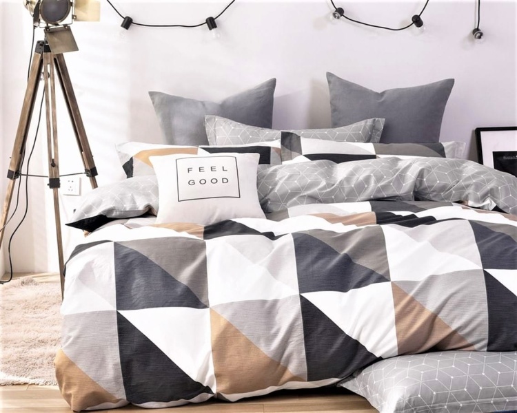 Pościel dwustronna trójkąty beż biel 200x220cm popiel wzorzysta