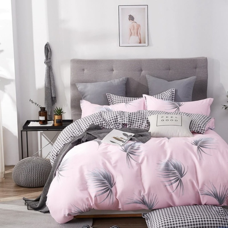 Komplet pościeli 160x200cm z prześcieradłem różowa popielate liście kratka