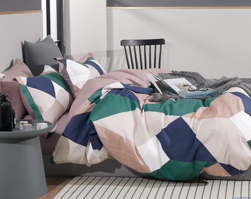 Pościel w paski  beżowe 200x220cm dwustronna  biel zieleń granat - POSCIELDLARODZINY.PL