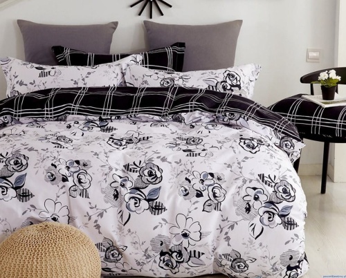 Pościel dwustronna 160x200cm kratka czarno biała kwiaty róże - poscieldlarodziny.pl