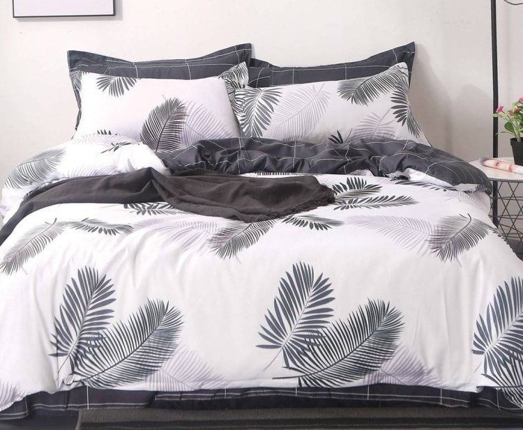 Komplet pościeli dwustronnej białej 160x200cm kratka grafit liście popiel na białym tle poscieldlarodziny.pl