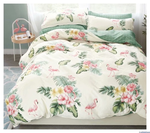 Komplet pościeli dwustronnej 160x200cm flamingi zielona liście kwiaty poscieldlarodziny.pl