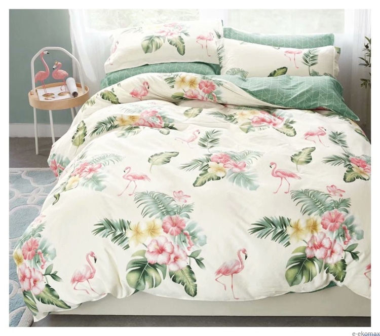 Komplet pościeli dwustronnej 160x200cm flamingi zielona liście kwiaty poscieldlarodziny.pl