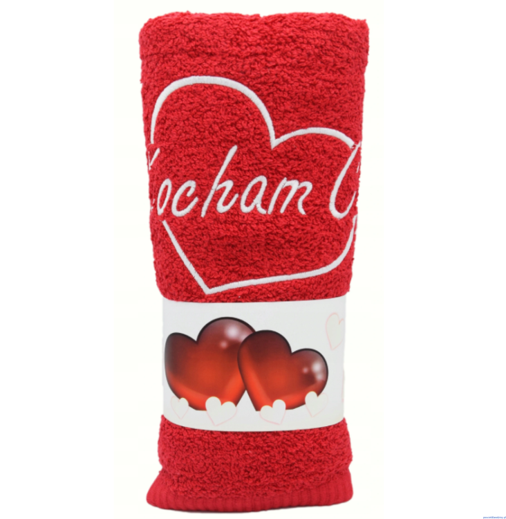 Walentynki Ręcznik bawełniany 50x100 cm Kocham Cię czerwony z białym haftem