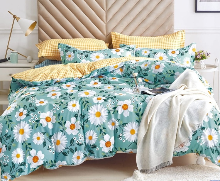 Komplet pościeli dwustronnej 200x220 cm stokrotki cyjanowa żółto biała kratka