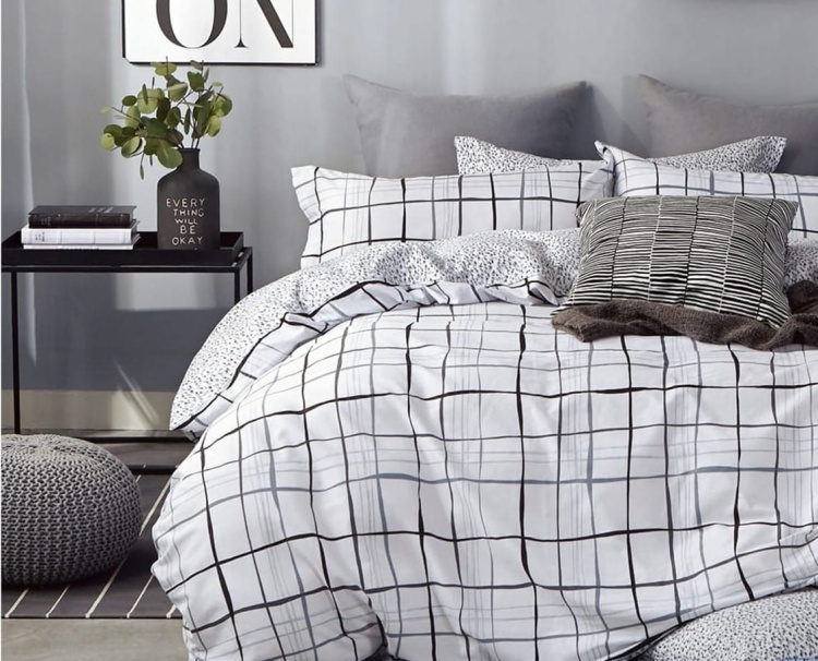 Komplet pościeli dwustronnej 200x220 cm biało czarna kratka z popielem