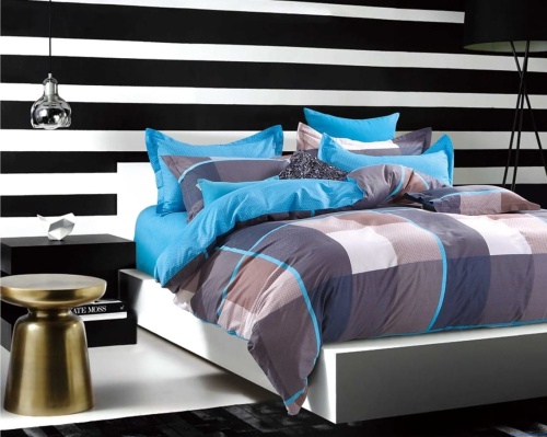 Komplet pościeli dwustronnej 160x200 cm w kratkę niebiesko brązowa