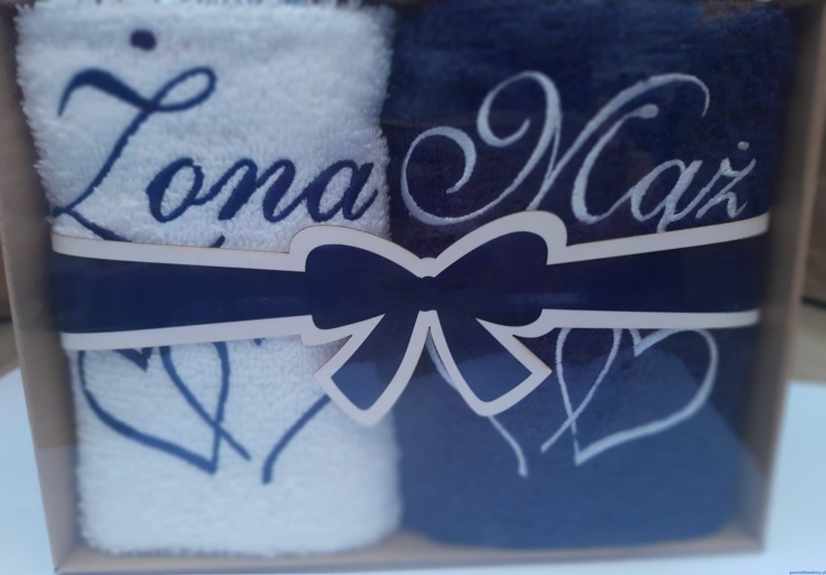 Komplet ręczników 2x 50x100cm Mąż Żona z kokardką biel granat