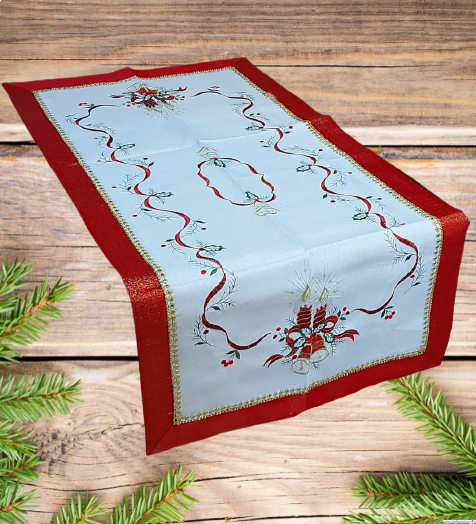 Bieżnik Świąteczny z gipiurą 60x120cm czerwono biały złote cekiny i nitka Haftowane świece