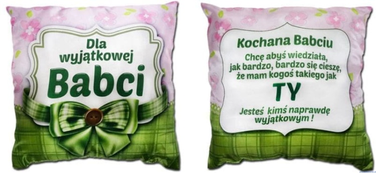 PODUSZKA na DZIEŃ BABCI z kokardka zielona kwiaty różowe Dla wyjątkowej Babci