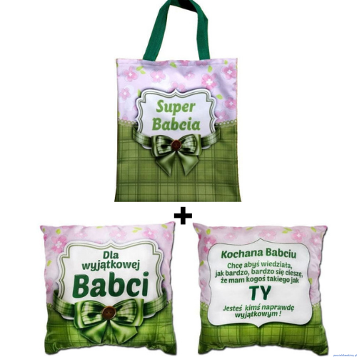 Komplet torba na zakupy + poduszka dla Babci z kokardką zielono różowy Super Babcia