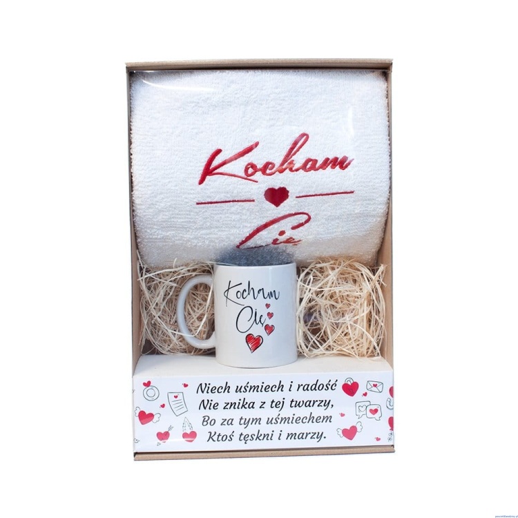 Walentynki komplet ręcznik biały z kubkiem Kocham cie