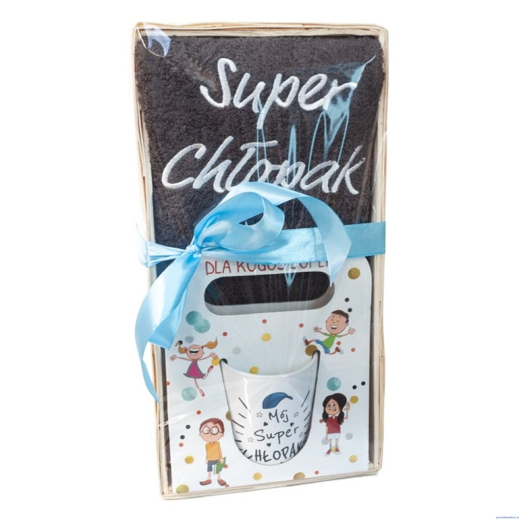 Dzień Chłopaka komplet ręcznik grafit z kubkiem SUPER CHŁOPAK