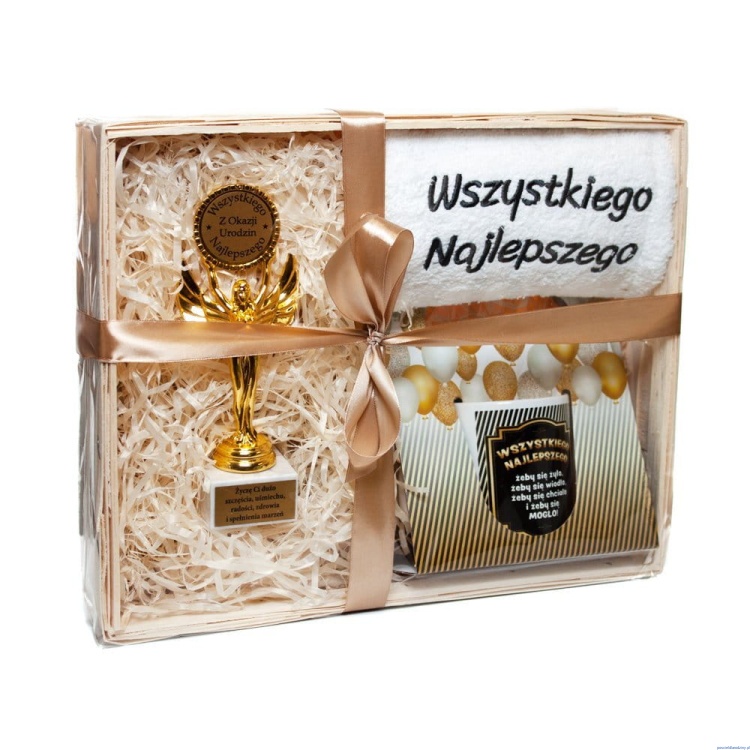 Zestaw na Urodziny ręcznik grafitowy z kubkiem i złota statuetka Wszystkiego Najlepszego