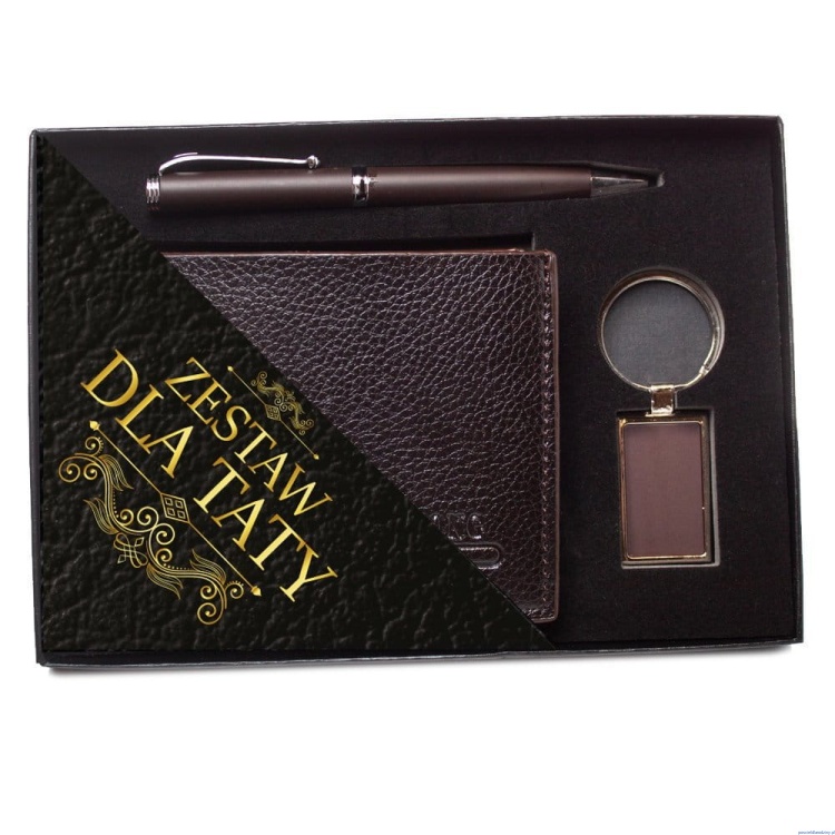 Zestaw dla taty z portfelem brązowym brelokiem i długopisem Dzień taty