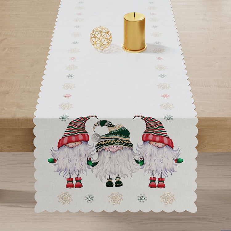 Bieżnik 38x140cm wodoodporny GNOM zielono czerwony śnieżynki białe tło