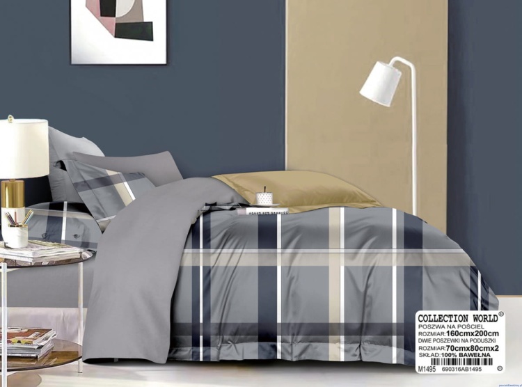 Komplet pościeli dwustronnej 200x220cm kratka  popiel beż gładka popiel
