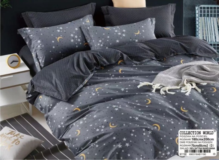 Komplet pościeli 160x200 cm z bawełny satynowej księżyc gwiazdki szara grafit w kropki