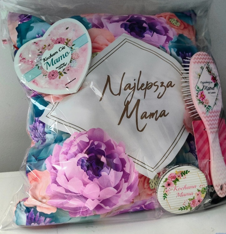 Zestaw prezentowy dla mamy poduszka 40x40 ,szczotka lusterko tabliczka