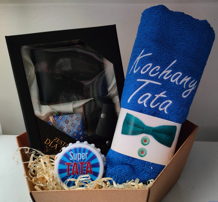 Zestaw dla taty z portfelem,etui i krawat niebieski ręcznik bawełniany i magnezDzień taty