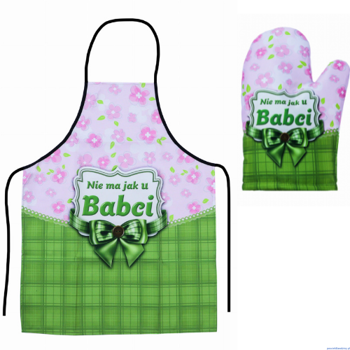 Komplet fartuch i rękawica kuchenna dla Babci z kokardką zielono różowy Super Babcia  (1)
