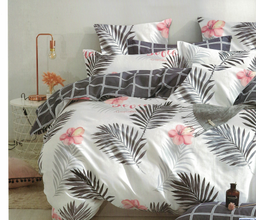 Komplet pościeli dwustronnej bawełna satynowa 160x200 biało popielata liście kwiaty