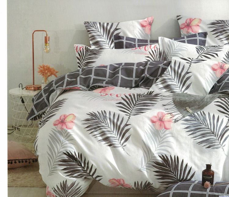 Komplet pościeli dwustronnej bawełna satynowa 160x200 biało popielata liście kwiaty