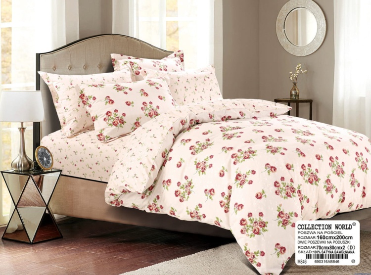 Komplet pościeli 160x200cm dwustronna bawełna satynowa róże na kremowym tle