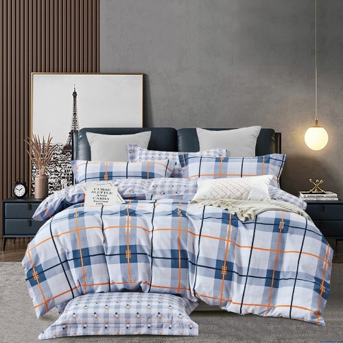 Komplet pościeli dwustronnej bawełna satynowa 200x220 cm niebieska kratka z pomarańczowym