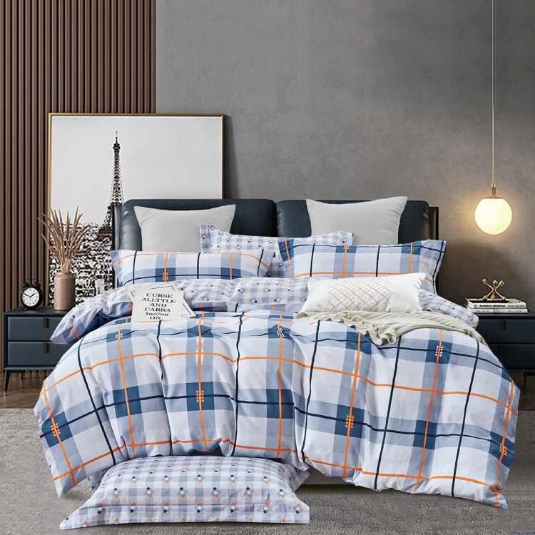 Komplet pościeli dwustronnej bawełna satynowa 200x220 cm niebieska kratka z pomarańczowym