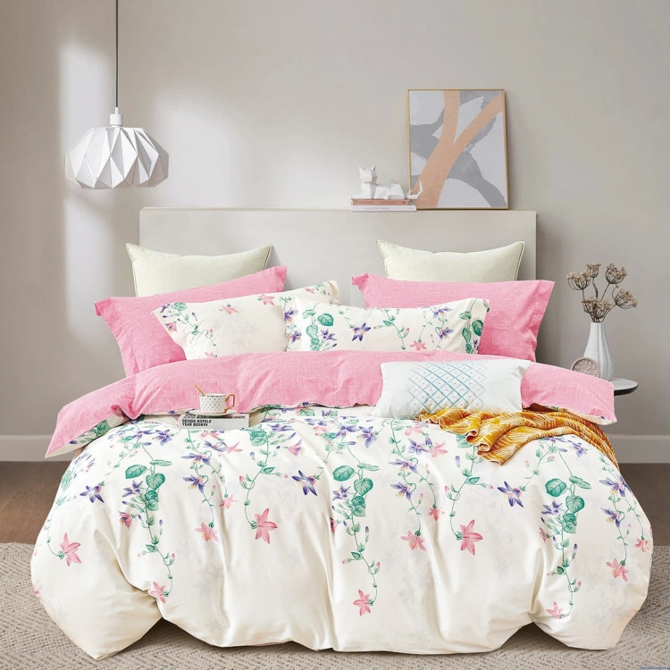 Komplet pościeli dwustronnej bawełna satynowa 200x220 cm różowe kwiatki