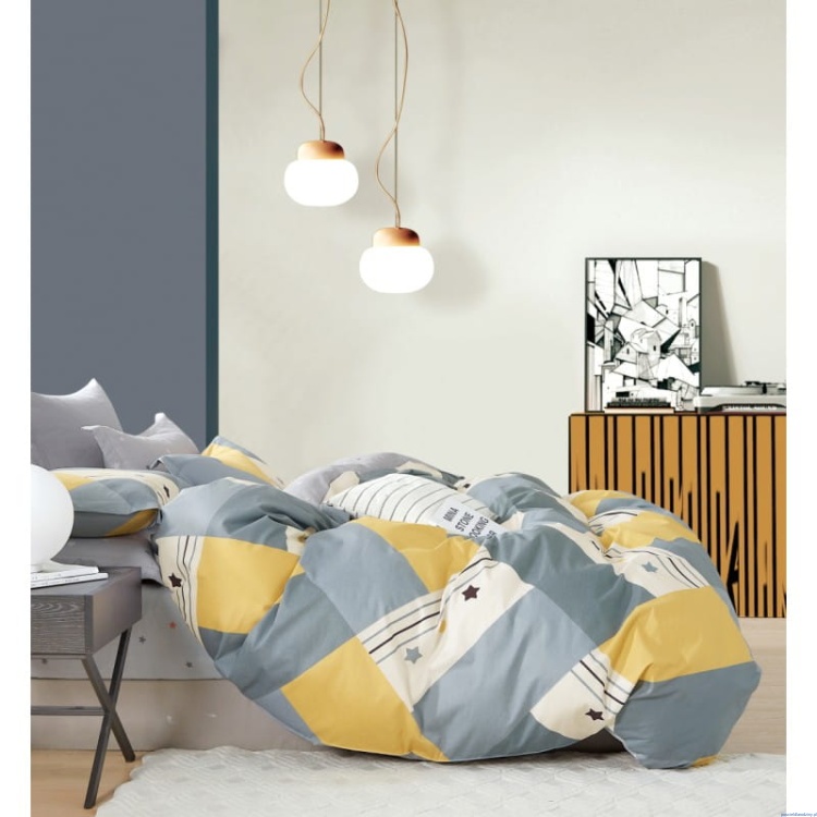 Komplet pościeli dwustronnej bawełna satynowa 200x220 cm popielata żółtym gwiazdki