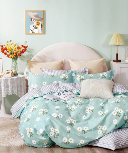 Komplet pościeli dwustronnej bawełna satynowa 200x220 cm kwiatki na zielonym tle kratka biało popielata