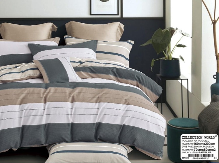 m1820.jpg  Komplet pościeli dwustronnej 140x200 cm pasy biało grafitowo brazowe