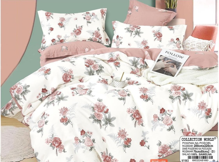 m1663.jpg Komplet pościeli dwustronnej 160x200 cm herbaciane róże z popielem na białym tle kolor łososiowy z kwiatkami