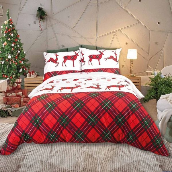 Pościel świąteczna flanelowa 140x200cm reniferki czerwona karo z zielonym