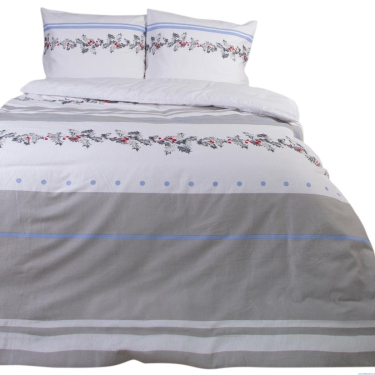 Pościel świąteczna flanelowa 200x220cm popielato biała z gałazkami
