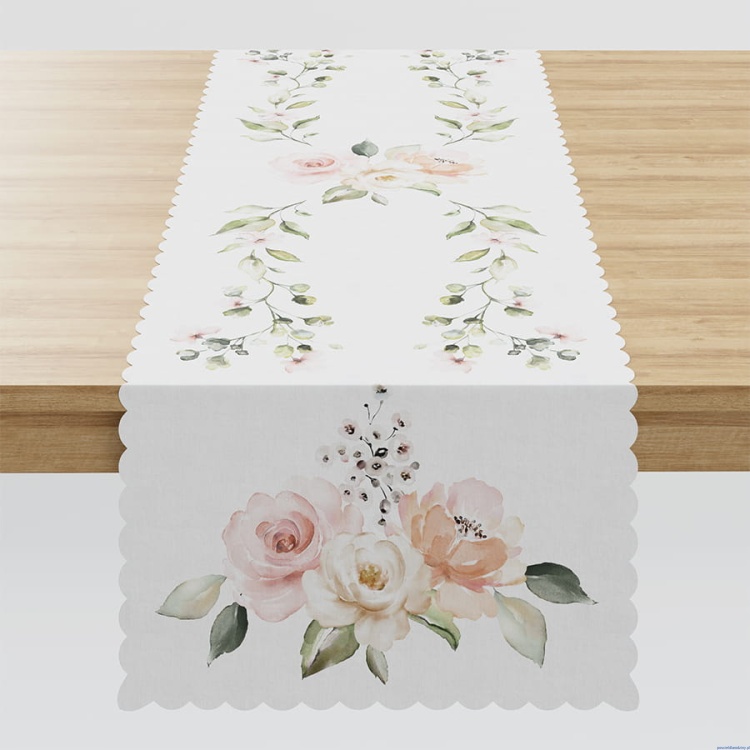Bieżnik 38x140cm wodoodporny  Lanosa z kwiatami łososiowo herbaciane