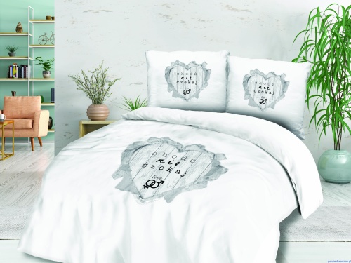 61460  Komplet pościeli z bawełny 160x200cm Chodź nie czekaj LOVE popielate serce na białym tle (1)