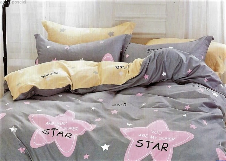 m1134.jpg Komplet pościeli dwustronnej 160x200 cm różowe gwiazdy popiel beż popielate gwiazdki