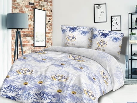 Komplet pościeli satynowej 140x200 cm kwiaty biało fioletowe